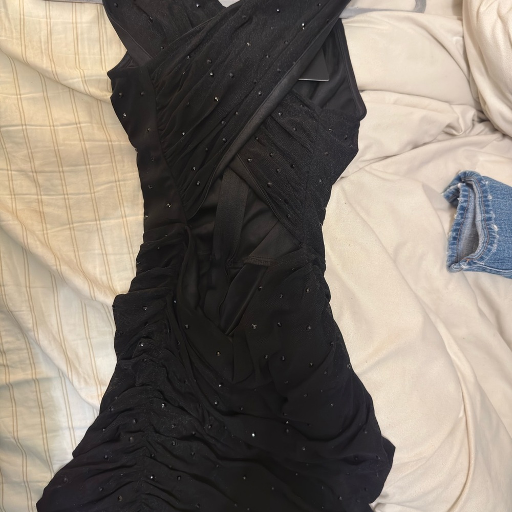 Privy One Shoulder Black Dress with Embellishments